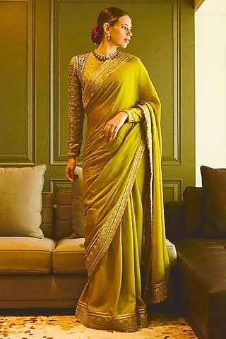 Green Tussar Embroidered Saree Set by Gopi Vaid
