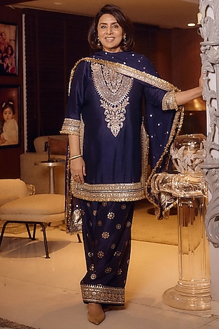 Blue Tussar Embroidered Straight Kurta Set by Gopi Vaid