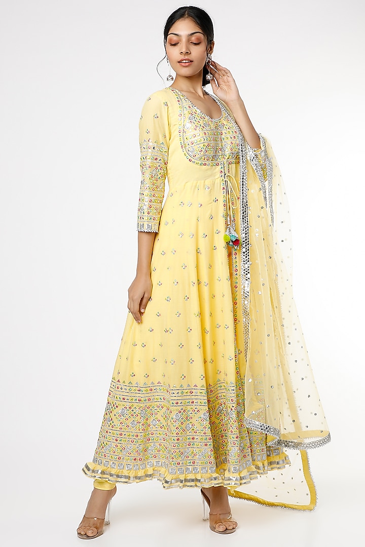 Soft Yellow Embroidered Anarkali Set by GOPI VAID