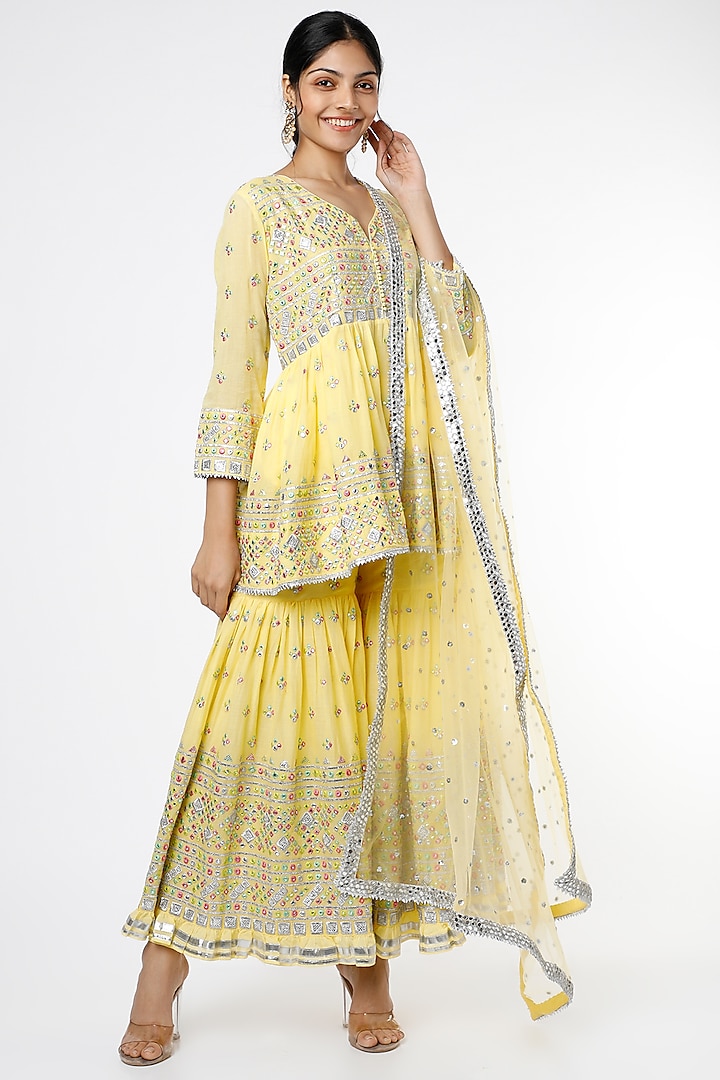 Yellow Embroidered Gharara Set by GOPI VAID