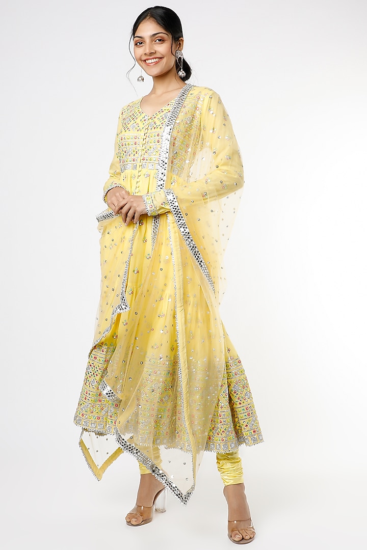 Soft Yellow Embellished Anarkali Set by GOPI VAID