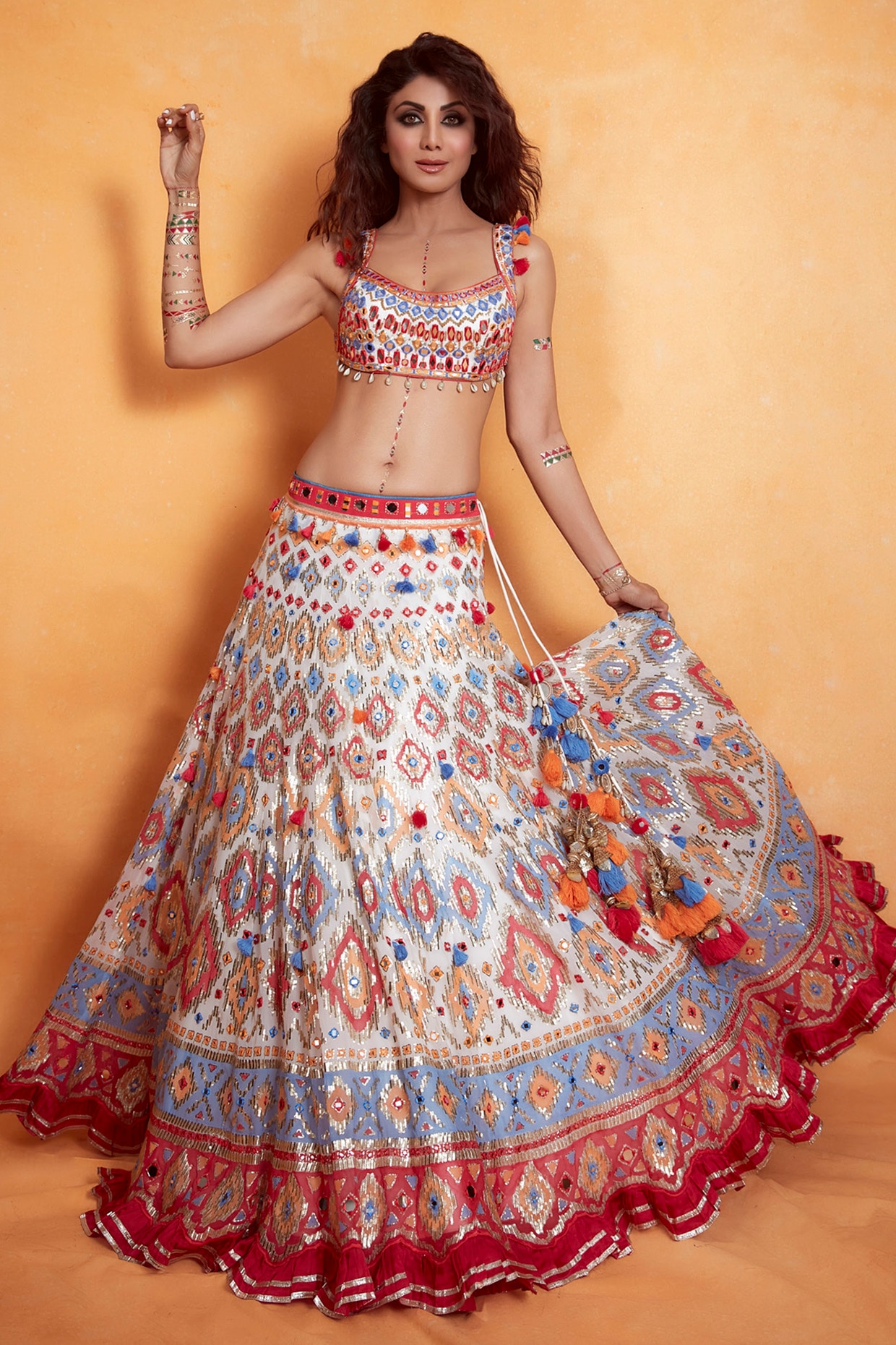Printed Crop Top Lehenga Skirt With Matching Printed Kurta set Topped Off  With A Waistcoat