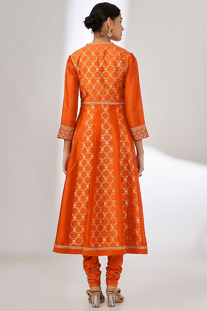 Orange Brocade & Tussar Marodi Embroidered Wedding Anarkali Jacket Set by GOPI VAID at Pernia's Pop Up Shop