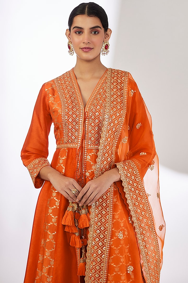 Orange Brocade & Tussar Marodi Embroidered Wedding Anarkali Jacket Set by GOPI VAID at Pernia's Pop Up Shop
