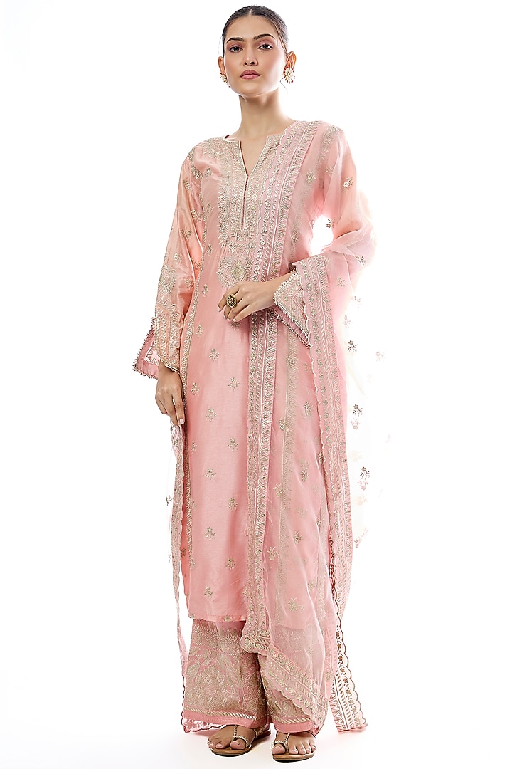 Pink Tussar Silk Embroidered Kurta Set by GOPI VAID at Pernia's Pop Up Shop