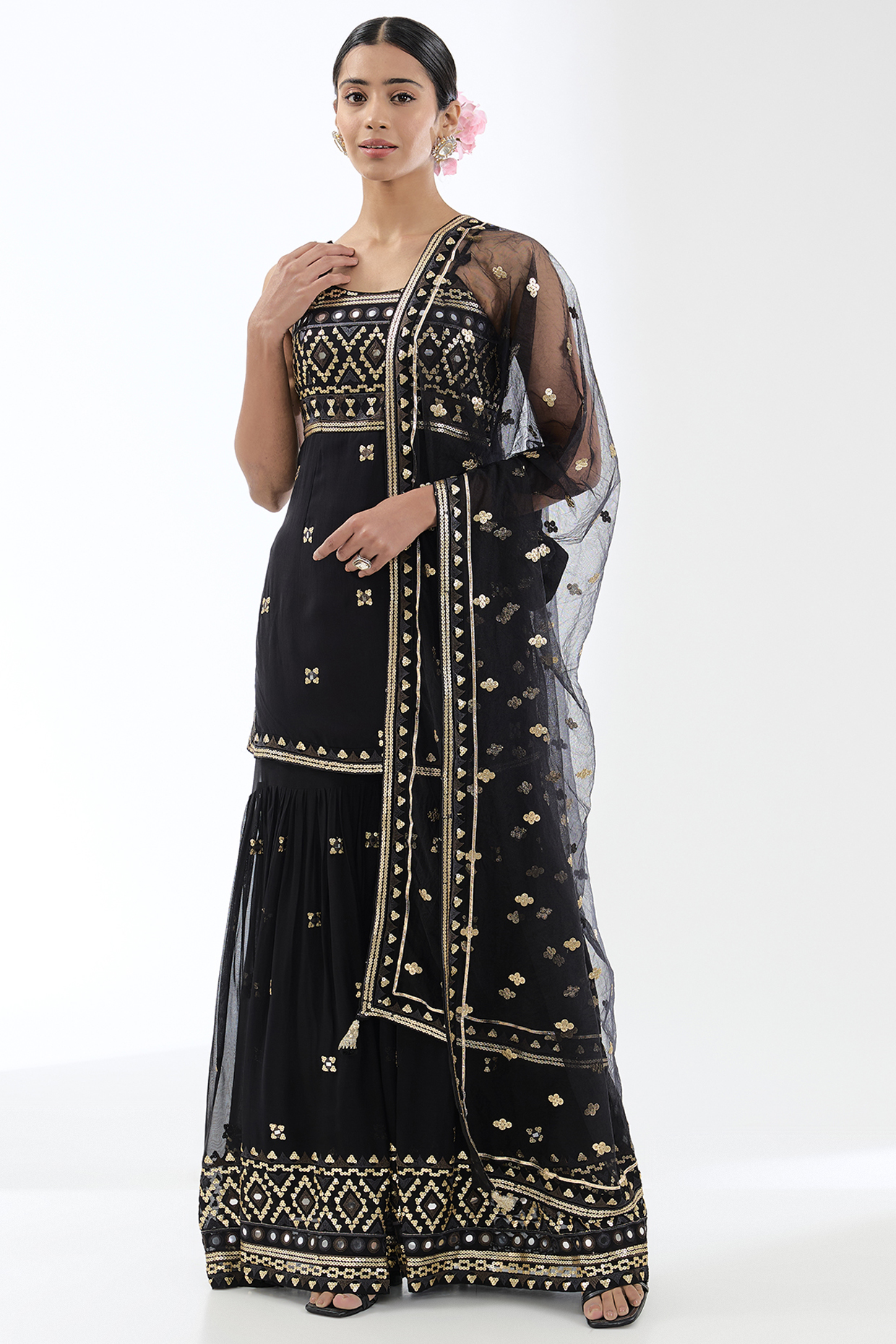 Black Georgette Sequins Embroidered Wedding Sharara Set by GOPI VAID at Pernia's Pop Up Shop