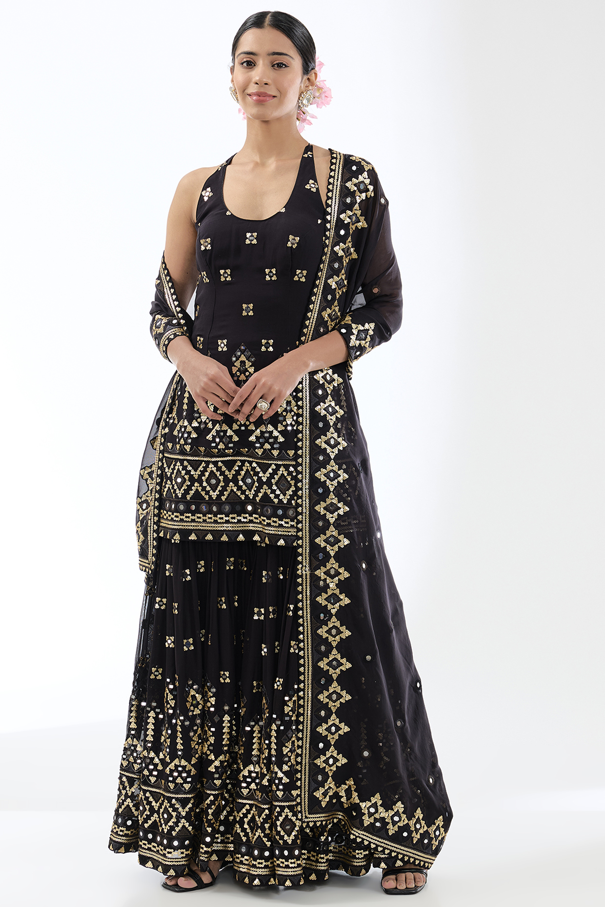 Black Georgette Mirror & Sequins Embroidered Wedding Sharara Set by GOPI VAID at Pernia's Pop Up Shop