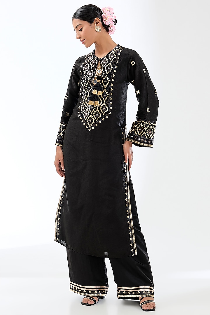 Black Tussar Kurta Set by GOPI VAID