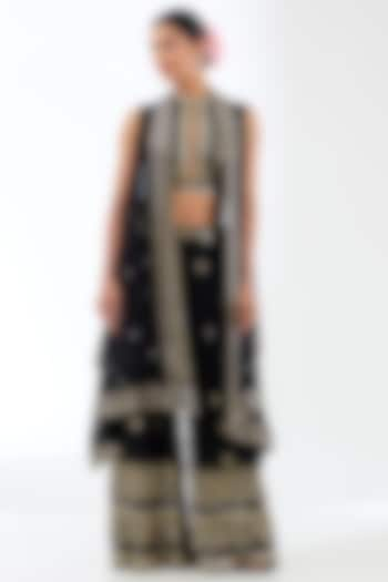 Black Organza Viscose Mirror Work & Sequins Embroidered Cape Set by GOPI VAID at Pernia's Pop Up Shop