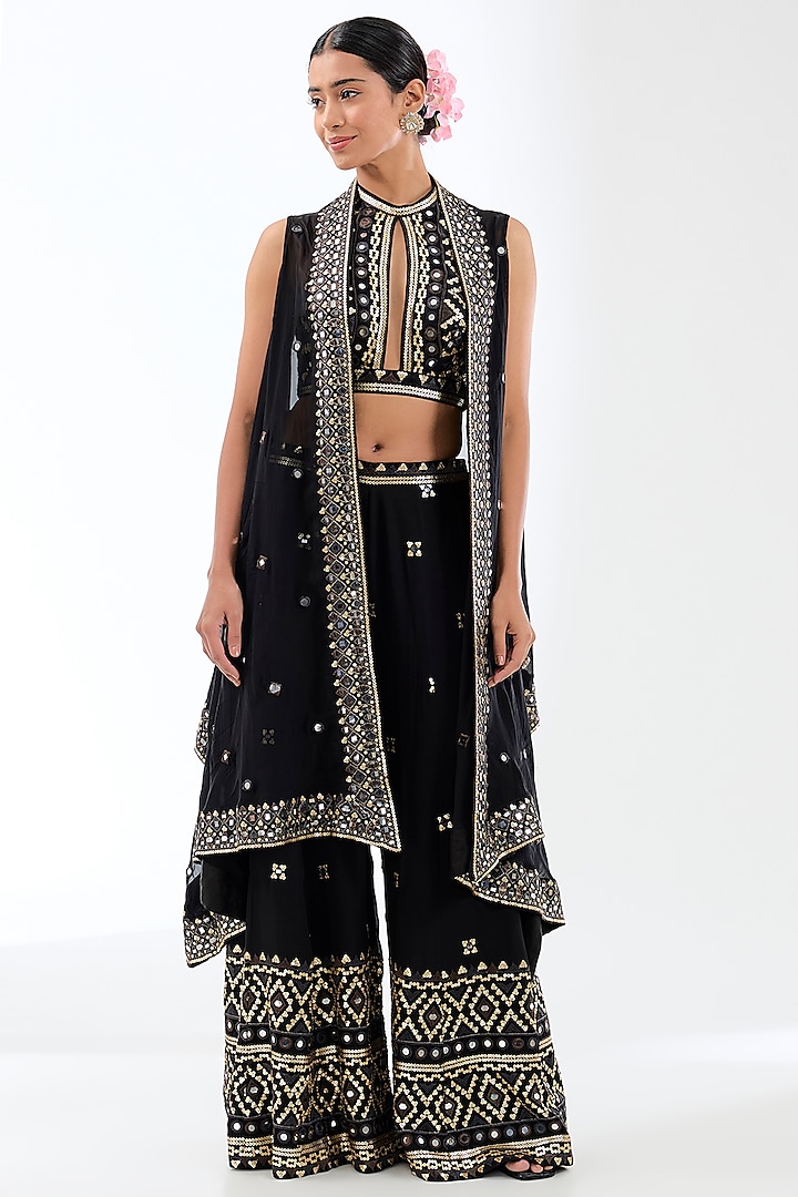 Black Organza Viscose Mirror Work & Sequins Embroidered Cape Set by GOPI VAID at Pernia's Pop Up Shop