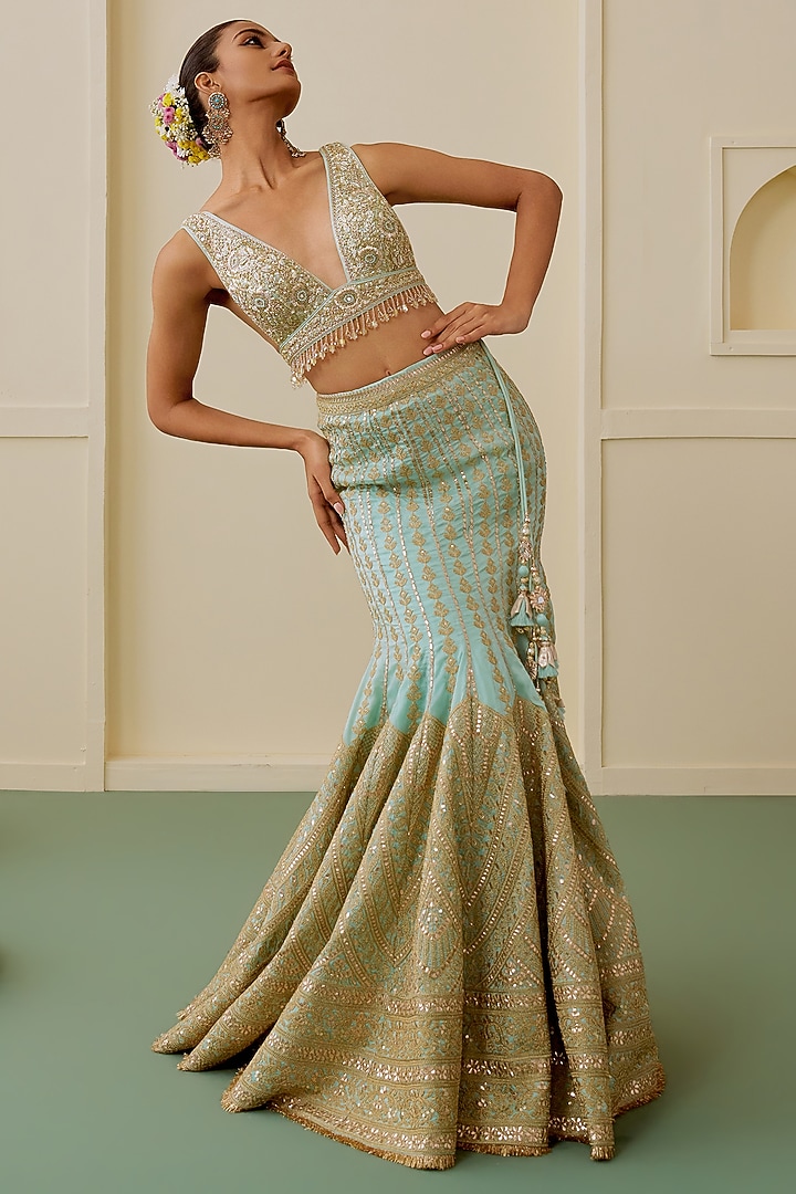 Ice Blue Tussar Thread Embellished Flared Bridal Bridal Lehenga Set by GOPI VAID at Pernia's Pop Up Shop