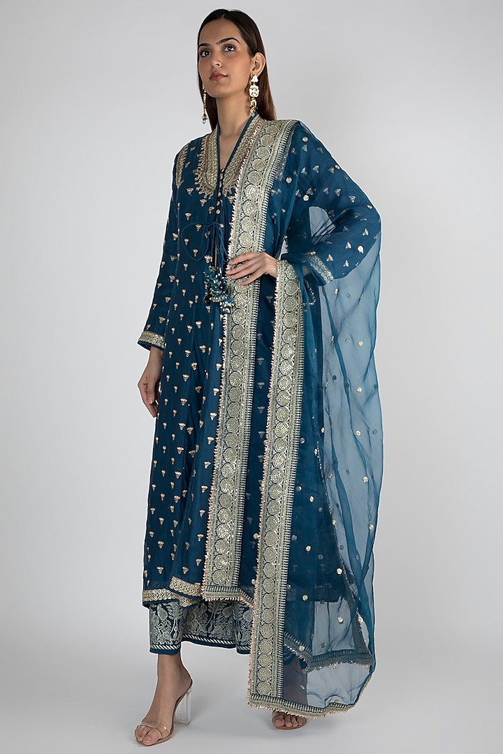 Peacock Blue Embroidered Jacket Styled Tunic Set by GOPI VAID