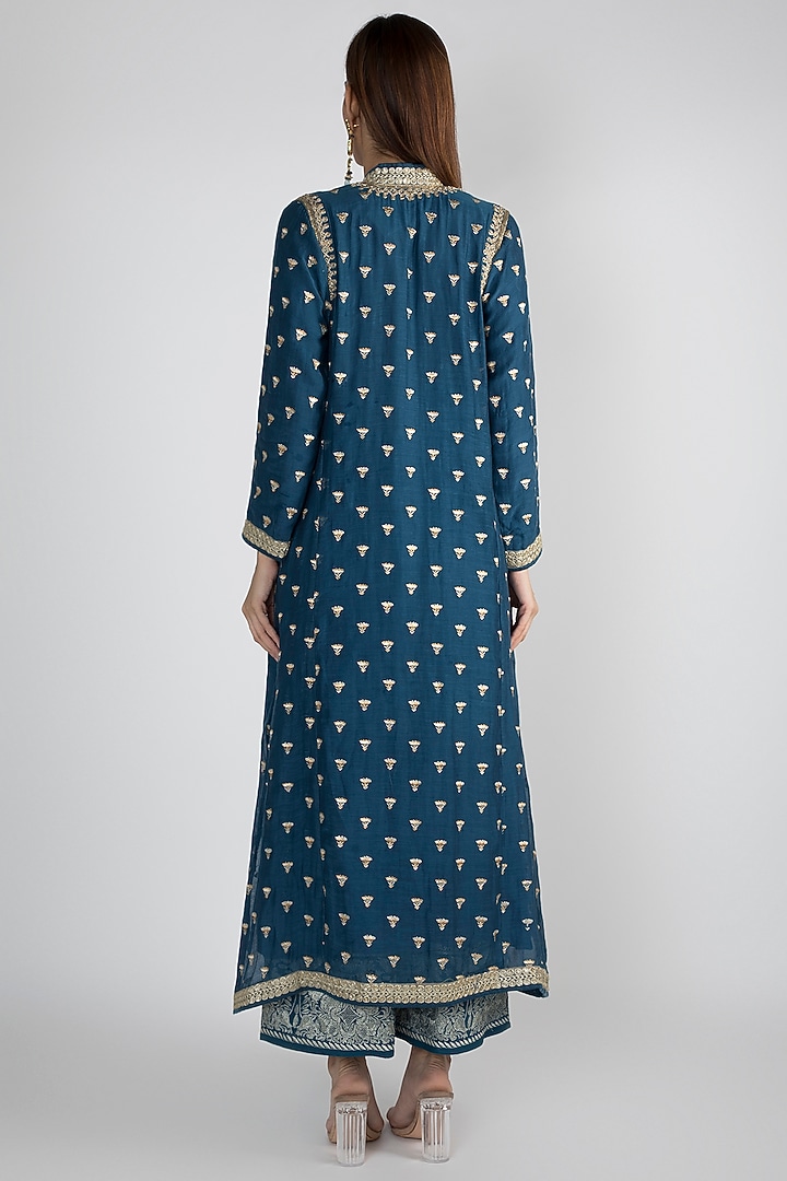 Peacock Blue Embroidered Jacket Styled Tunic Set by GOPI VAID at Pernia's Pop Up Shop