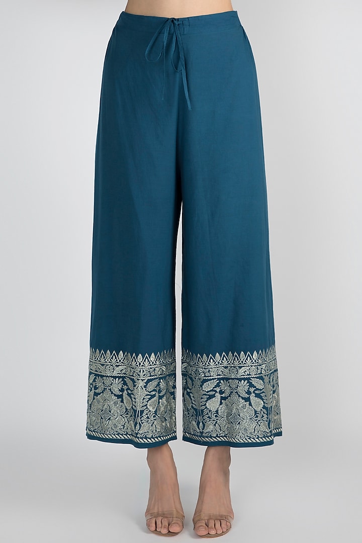 Peacock Blue Embroidered Jacket Styled Tunic Set by GOPI VAID at Pernia's Pop Up Shop