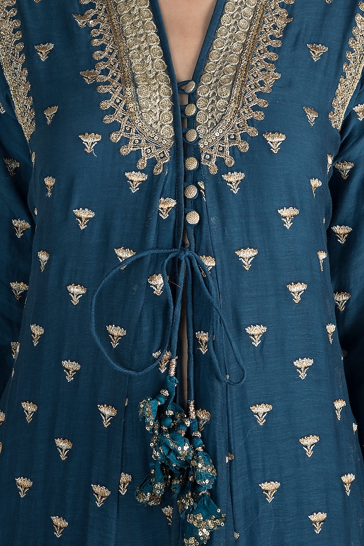 Peacock Blue Embroidered Jacket Styled Tunic Set by GOPI VAID at Pernia's Pop Up Shop