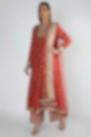 Red Embroidered Jacket Styled Tunic Set by GOPI VAID
