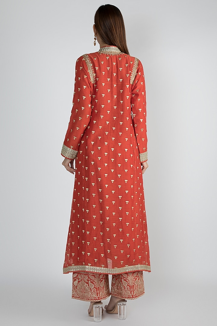 Red Embroidered Jacket Styled Tunic Set by GOPI VAID at Pernia's Pop Up Shop