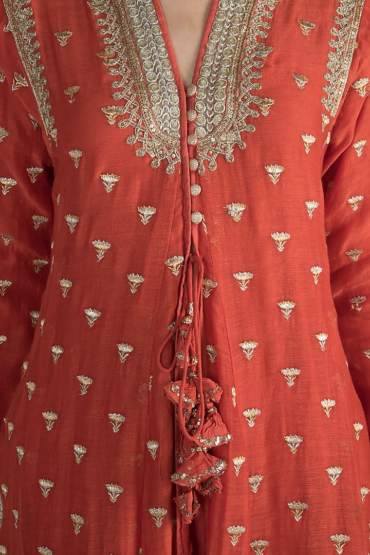Red Embroidered Jacket Styled Tunic Set by GOPI VAID at Pernia's Pop Up Shop
