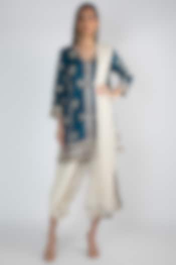 Peacock Blue Silk Gota Embroidered Jacket Style Tunic Set by GOPI VAID at Pernia's Pop Up Shop