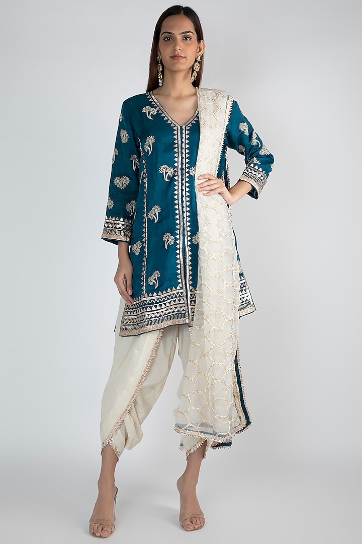 Peacock Blue Silk Gota Embroidered Jacket Style Tunic Set by GOPI VAID