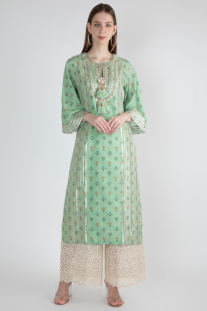 Mint Green Embroidered Tunic by GOPI VAID