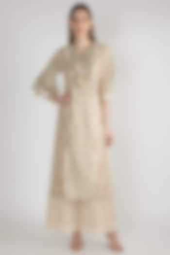 Beige Embellished & Printed Long Kurta by GOPI VAID at Pernia's Pop Up Shop