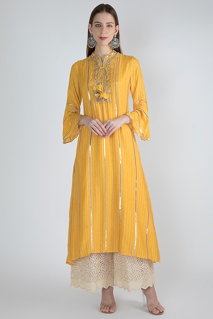 Yellow Striped & Embroidered Kurta by GOPI VAID at Pernia's Pop Up Shop