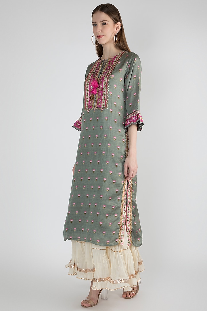 Teal Green Printed & Embellished Tunic by GOPI VAID