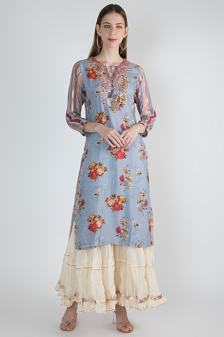 Powder Blue Printed & Embroidered Kurta by GOPI VAID at Pernia's Pop Up Shop