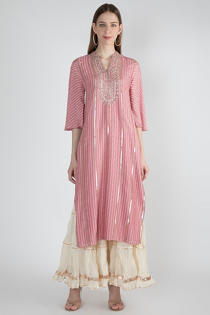 Pink Striped Embroidered Kurta by GOPI VAID