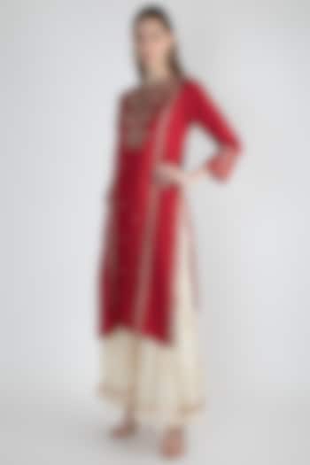 Red Embroidered Long Kurta by GOPI VAID