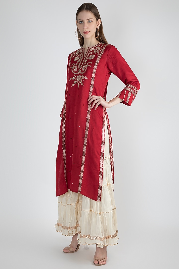 Red Embroidered Long Kurta by GOPI VAID