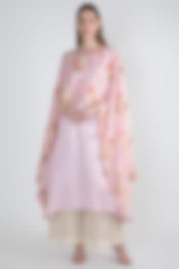 Blush Pink Printed & Embroidered Cape Dress by GOPI VAID