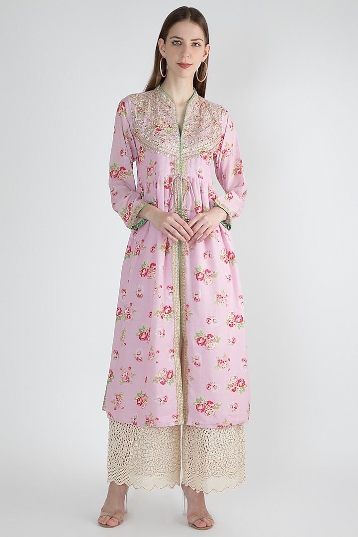 Blush Pink Gathered Printed & Embellished Tunic by GOPI VAID at Pernia's Pop Up Shop