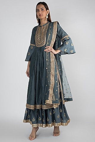 Teal Green Embroidered Sharara Set by GOPI VAID