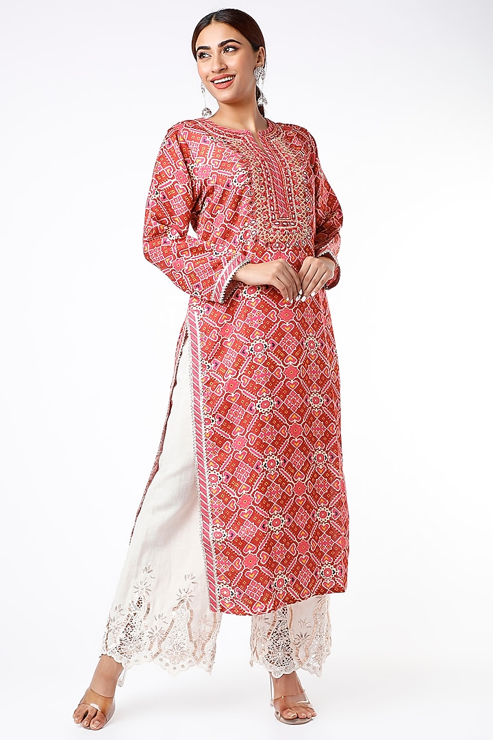 Red & Pink Floral Printed Tunic by GOPI VAID