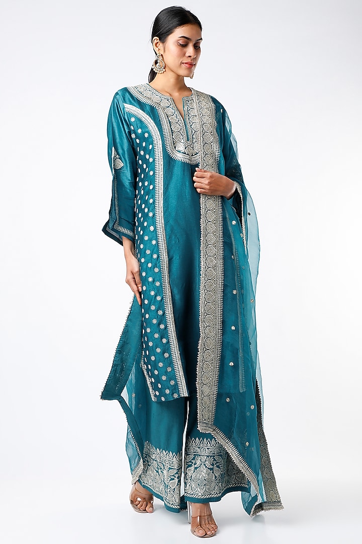 Peacock Blue Embroidered Tunic Set by GOPI VAID