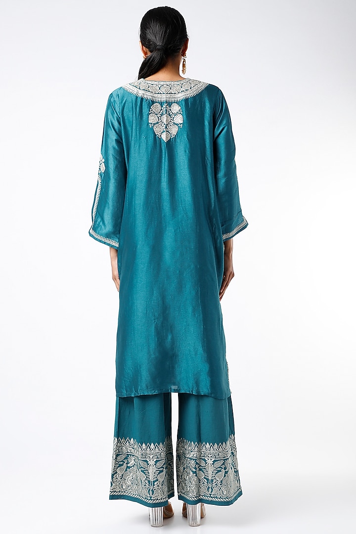 Peacock Blue Embroidered Tunic Set by GOPI VAID at Pernia's Pop Up Shop