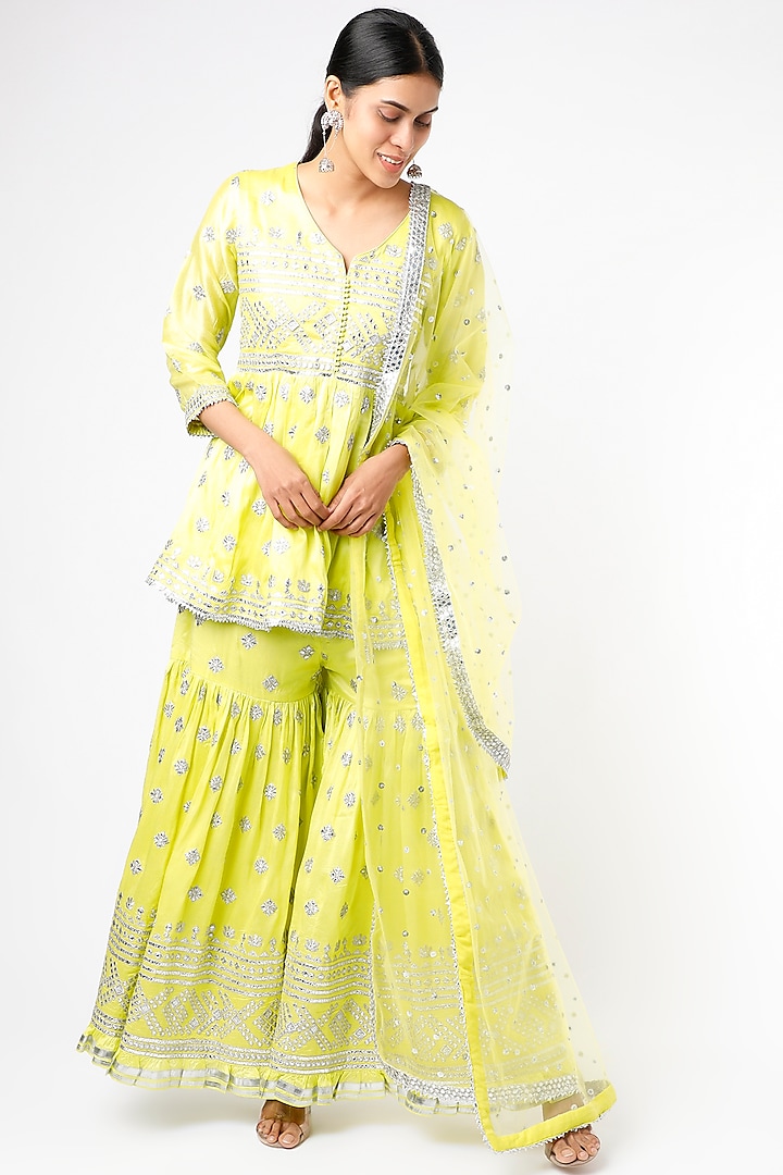 Lime Green Mirror Embroidered Gharara Set by GOPI VAID at Pernia's Pop Up Shop