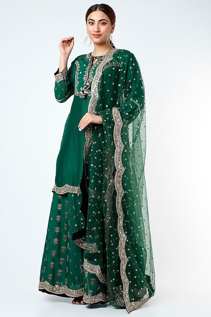 Emerald Green Cotton Silk Sharara Set by GOPI VAID