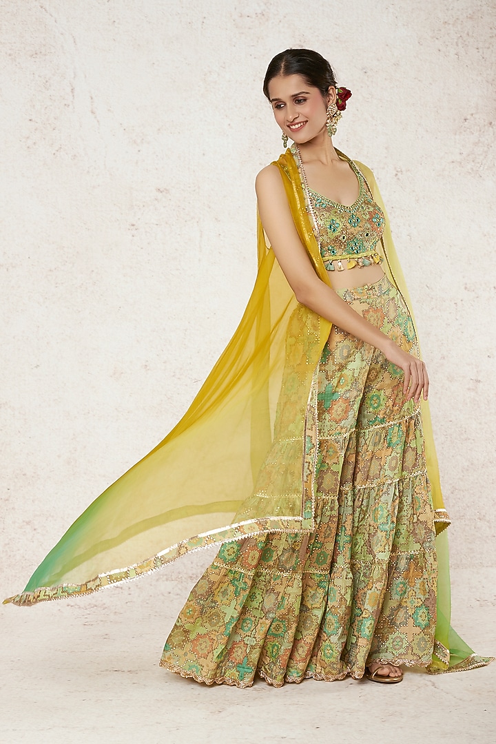 Mint Green Printed Wedding Sharara Set With Cape by GOPI VAID at Pernia's Pop Up Shop