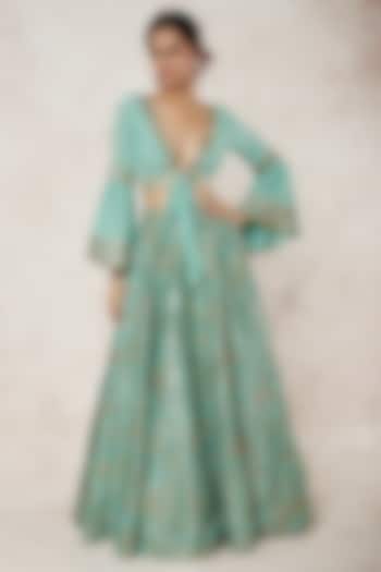 Sky Blue Tussar Silk Skirt Set by GOPI VAID