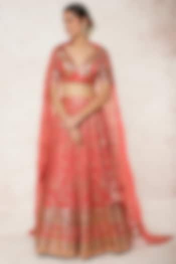 Red Embroidered Lehenga Set by GOPI VAID