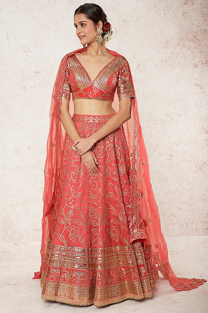 Red Embroidered Lehenga Set by GOPI VAID