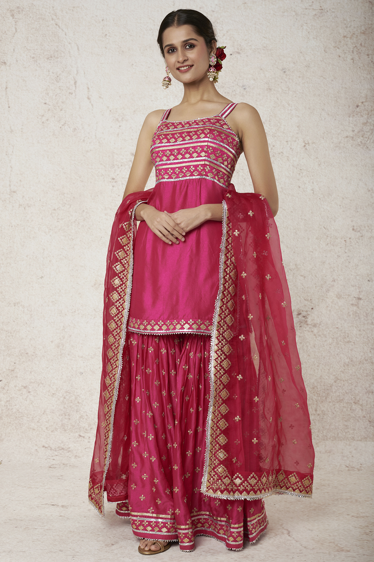 Pink Tussar Silk Thread Embroidered Wedding Sharara Set by GOPI VAID at Pernia's Pop Up Shop