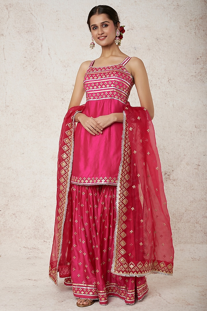 Pink Tussar Silk Thread Embroidered Wedding Sharara Set by GOPI VAID at Pernia's Pop Up Shop