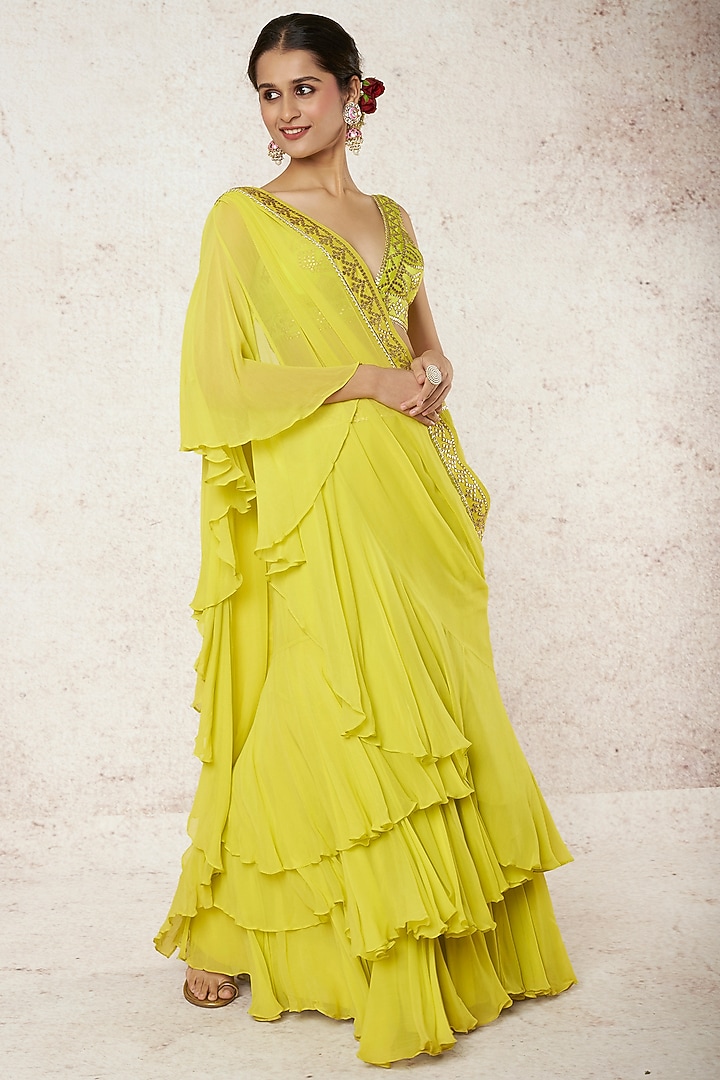 Mint Green Chiffon Wedding Saree Set by GOPI VAID at Pernia's Pop Up Shop