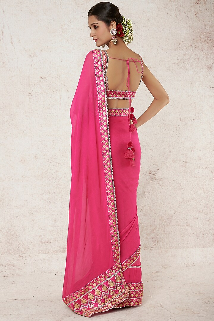 Pink Georgette Draped Wedding Saree Set by GOPI VAID at Pernia's Pop Up Shop