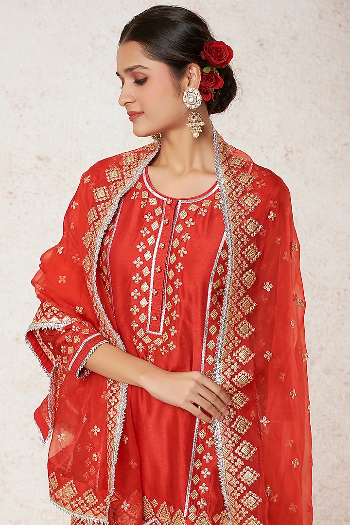 Red Thread Embroidered Wedding Sharara Set by GOPI VAID at Pernia's Pop Up Shop
