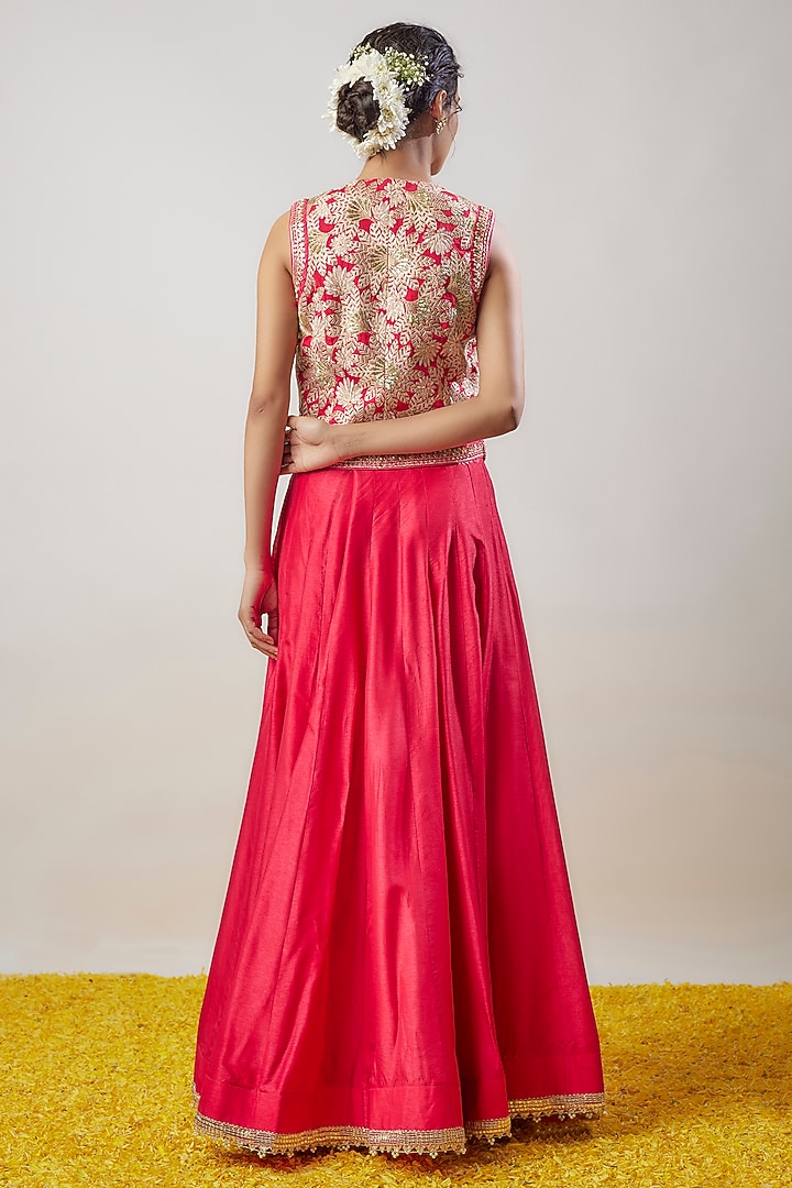 Red Tussar Flared Skirt Set by GOPI VAID at Pernia's Pop Up Shop